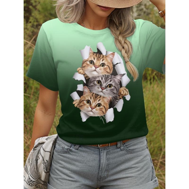 Women's T Shirt Cat Graphic Animal Stylish Classic Casual Short Sleeve Crew Neck