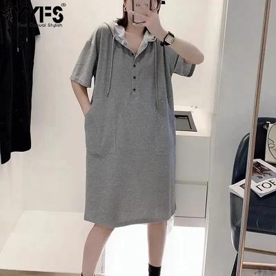 Women's Fashion Summer Spring Solid Color Print Short Sleeve Hooded Loose Waistline Casual Dresses