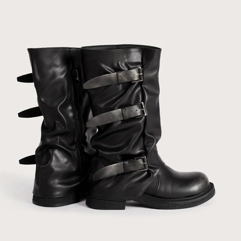 Vintage Soft Leather Belt Strap Buckle Mid-Calf Women Motorcycle Boots Fashion Thick High Heels Autumn Winter Knight Booties