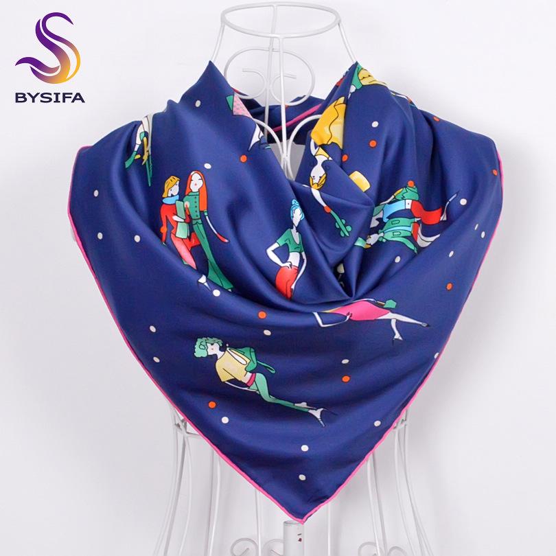 [BYSIFA] Black Plaid Letters Twill Scarves  New Floral Design Fine Hand-hemming Ladies Large Square Silk Scarf Shawl 90*90cm