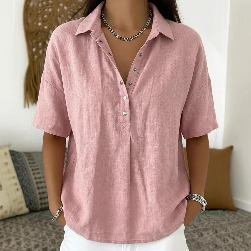 Womens Casual Solid Color Short Sleeve Linen Blend Shirt S