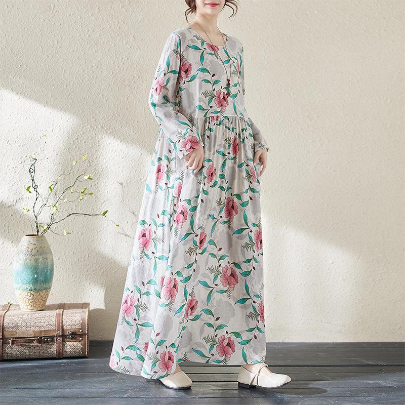 Lazy Wind Pleated High-waisted Thin Fashion Dress Literary Sweet Temperament Printing Ageing Leisure Big Swing Skirt Female