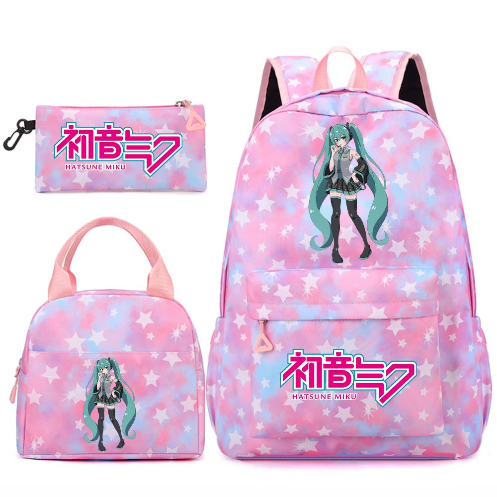 3 Stück/Set Anime Cartoon Hatsune Miku Bedruckter Rucksack Handtasche Federmäppchen für Teenager Schüler Mädchen Jungen Große Kapazität Wasserdicht Schultasche Reisetasche