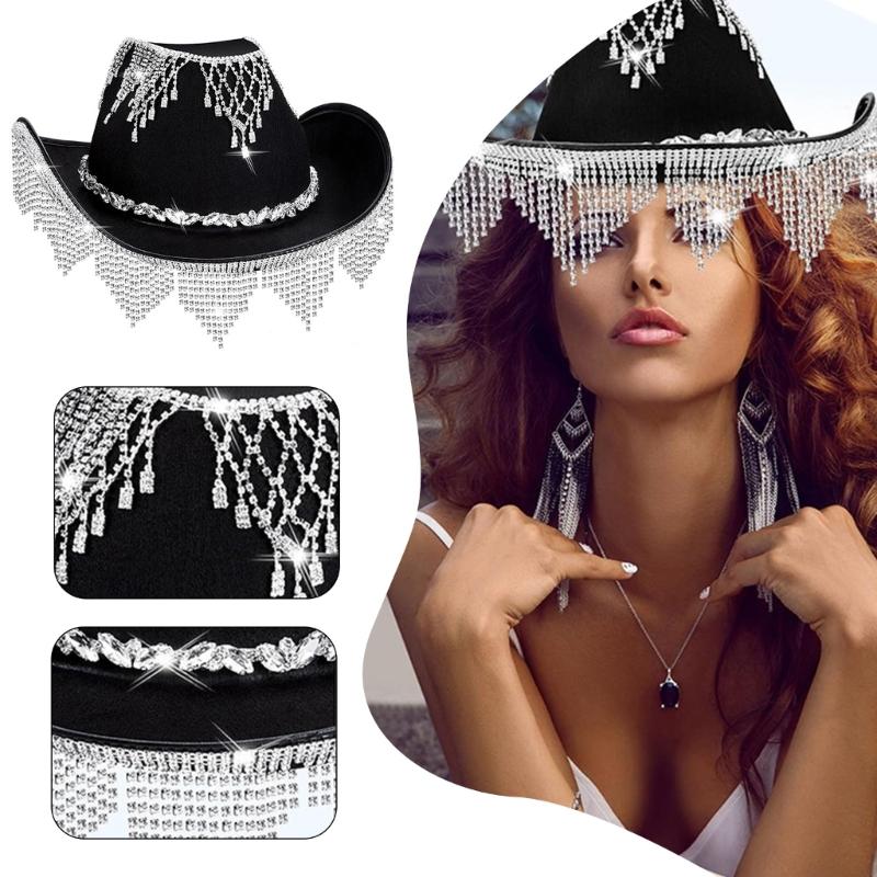 Vacation Cowboy Hats Diamond Tassels Hand Beading Crystal Gift for Girl Cowgirl Hat for Carnivals Music Festival