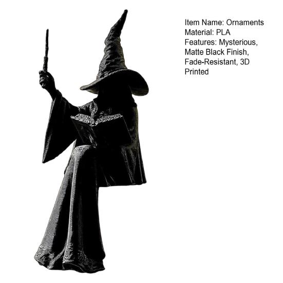 Black Witch Figurine for Home Shelf Faceless Sitter Figurine, 3D Printed Wizard Statue with Halloween Party Tabletop Decoration Wand Spell Book,
