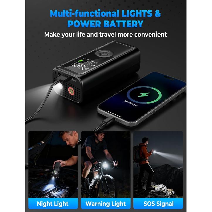 Tire Inflator Portable Air Compressor, 150PSI Cordless Tire Inflator, Auto-Off & LED Light, 10000MAh Battery Powered Bike Pump With Gauge For Car,