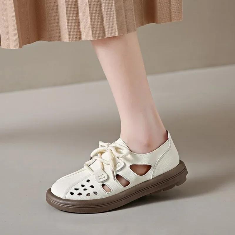 Pu Leather Hollow Roman Sandals Women 2024 Summer Breathable Retro Shoes Women Thick Sole Sports Casual Sandalias De Mujer