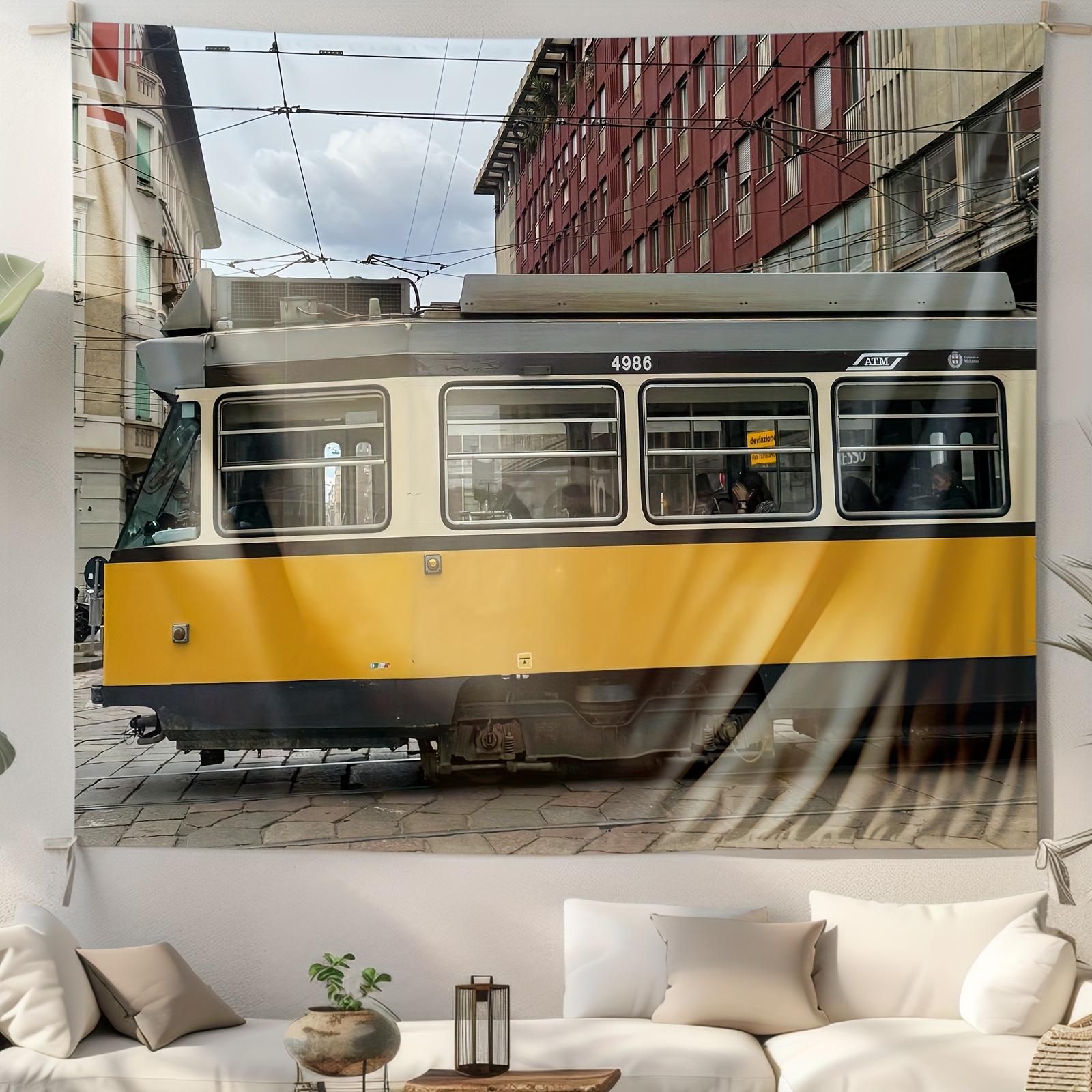 

Vintage European Cityscape Tapestry Yellow Tram Street Scene Wall Hanging Decor Horizontal Urban Poster for Living Room Bedr 74x94cm(29x37in)