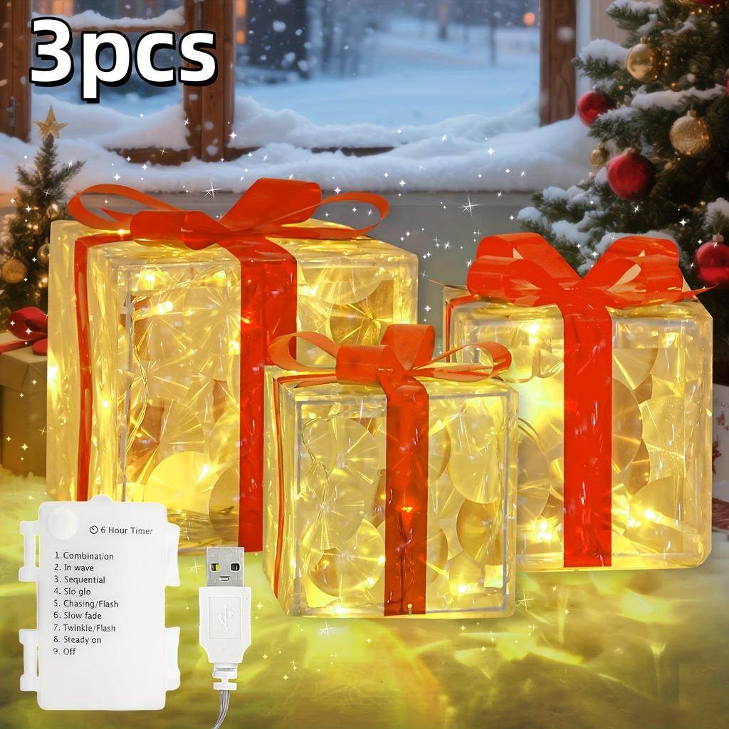 3pcs Christmas Gift Box Light Transparent Gift Box with Red Strap+fairy Light String Indoor Decorative Light