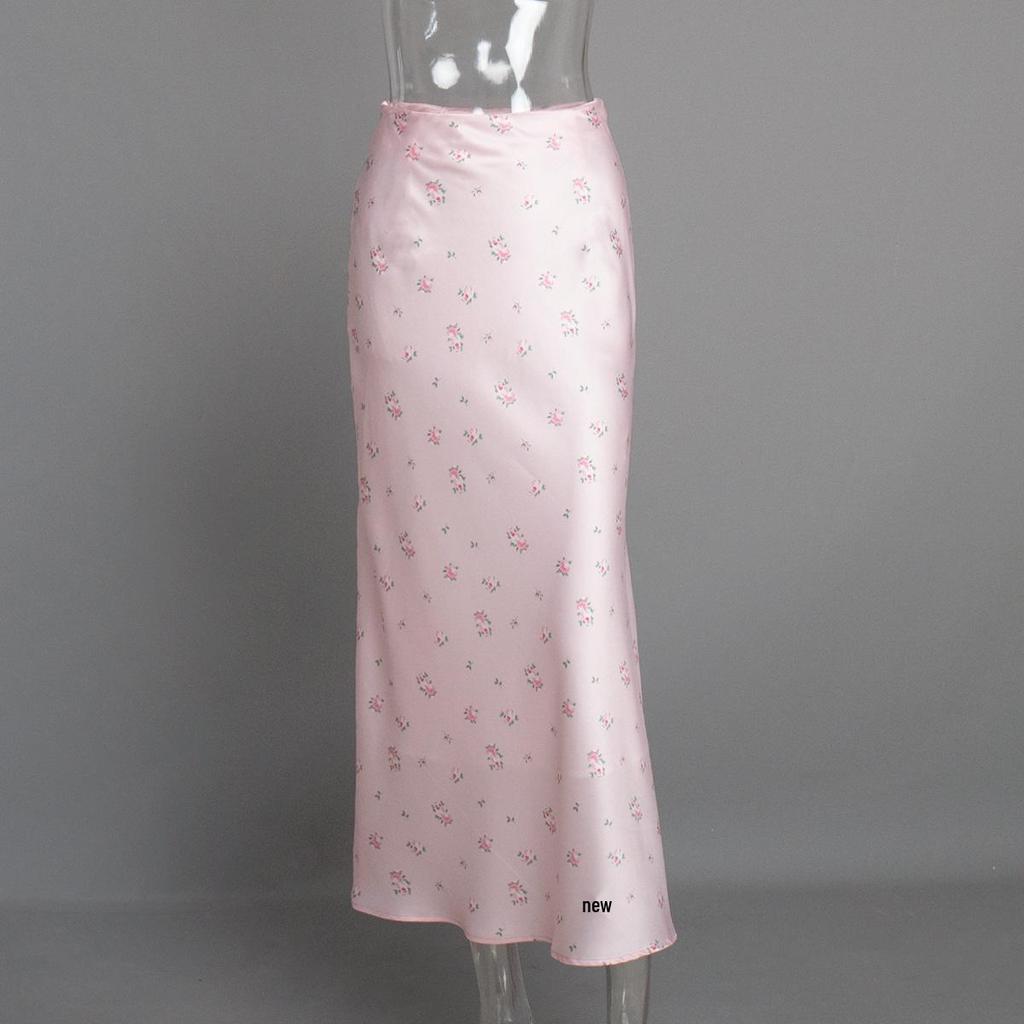 2025 Spring/Summer Floral Satin High-Waisted Midi Skirt