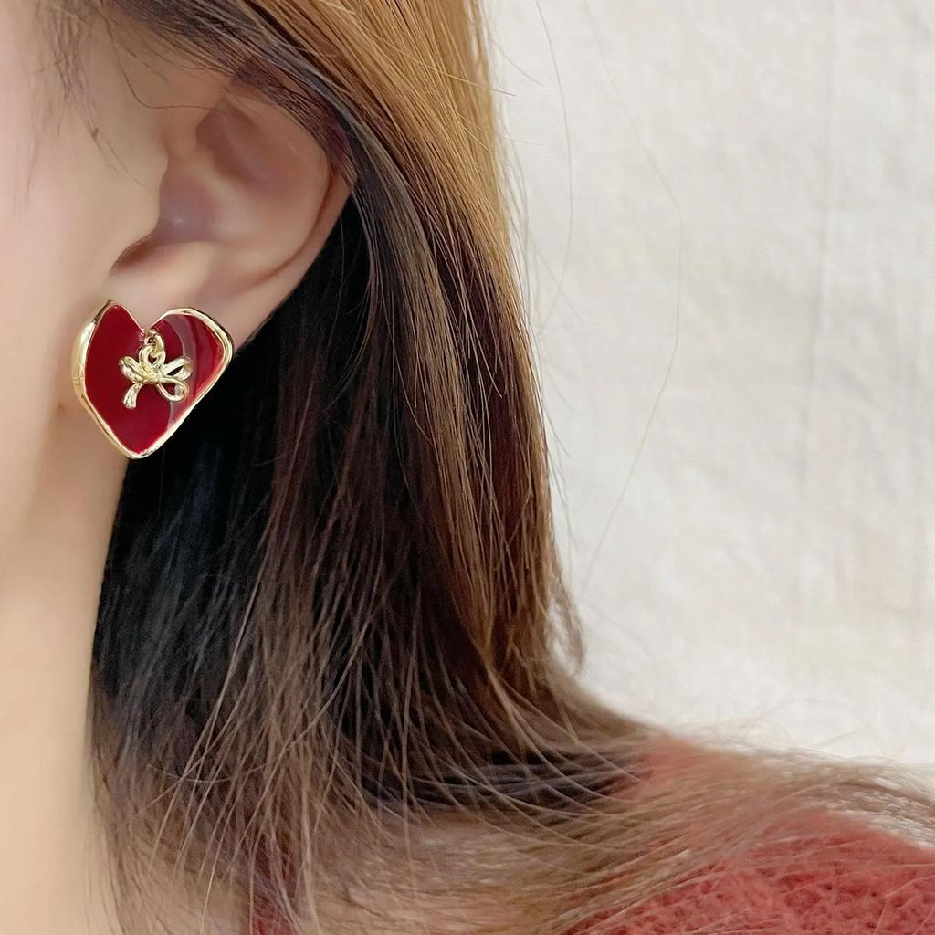Bow Drop Glazed Heart-Shaped Earrings Retro Autumn Winter French Light Luxury Elegant Temperament Women's Party Jewelry Gift
