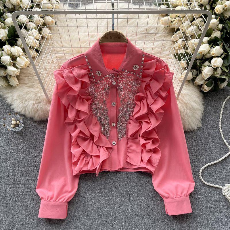 

Wooden Ear Silm Heavy Industry Beads Diamond Long Sleeves Shirt Pink All yards