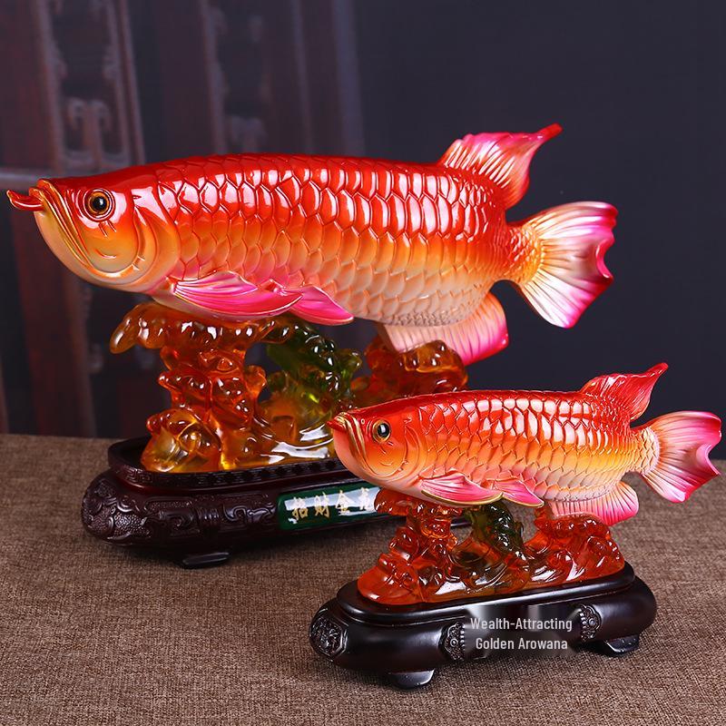 Golden Arowana Wealth-Attracting Feng Shui Ornament for Living Room, Wine Cabinet, or Office Desk - Prosperous Chinese Resin Decoration.