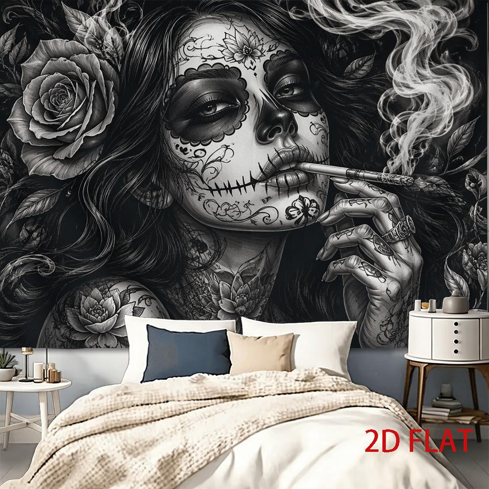 2D Flat - 2D Flat - 2D Flat Print 1pc Tapestry Black And White Skull Rose Woman Smoking Art Tapestry Floral Pattern Decor Aesthetic High-Definition Pr