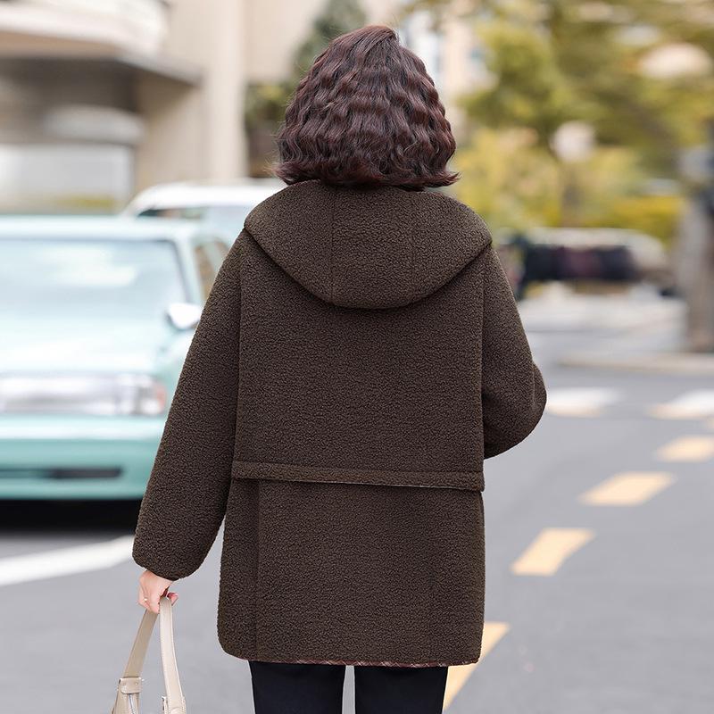 Mom's Winter Particle Fleece Hooded Jacket: Velvet-Thickened, Lambswool Cardigan for Middle-Aged and Elderly Women