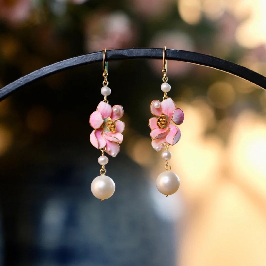 Ancient Tian-Tsui Silk Burnt Blue Lotus Pearl Tassel Earrings Exquisite Vintage Court Style Enamel Flower Stud