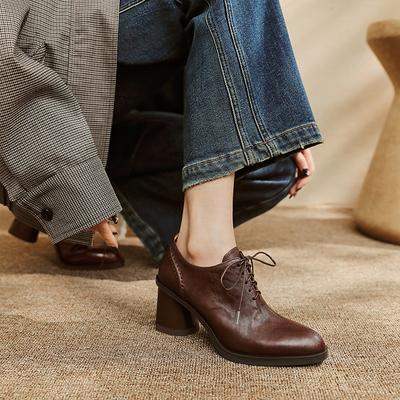 Fashion 2025 New Autumn Women Shoes Round Toe High Heels Genuine Leather Chunky Heel Women Pumps Retro Lace Up Black Shoes for Women