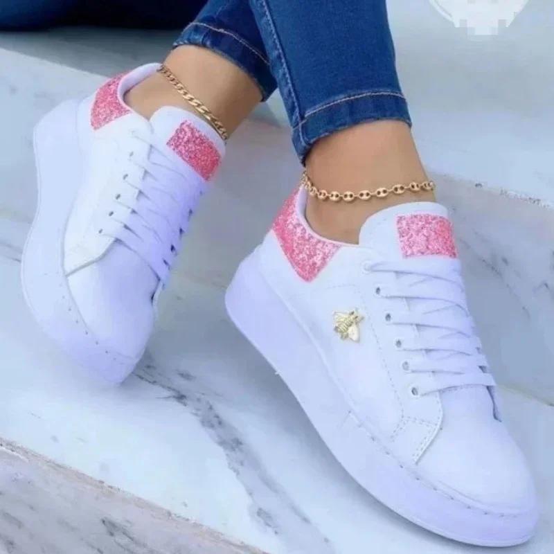 Women's Sneakers 2024 Fashion New Metal Decoration Thick Sole Tenis Feminino Outdoor Casual Lace-up Designer Skateboard Shoes