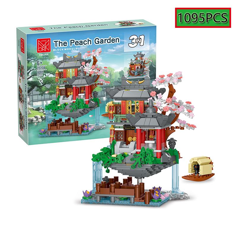 1095Pcs Moc 3 In 1 Outside The World The Peach Garden Retro Street View Construction Model Blocks Children'S Puzzle Toys