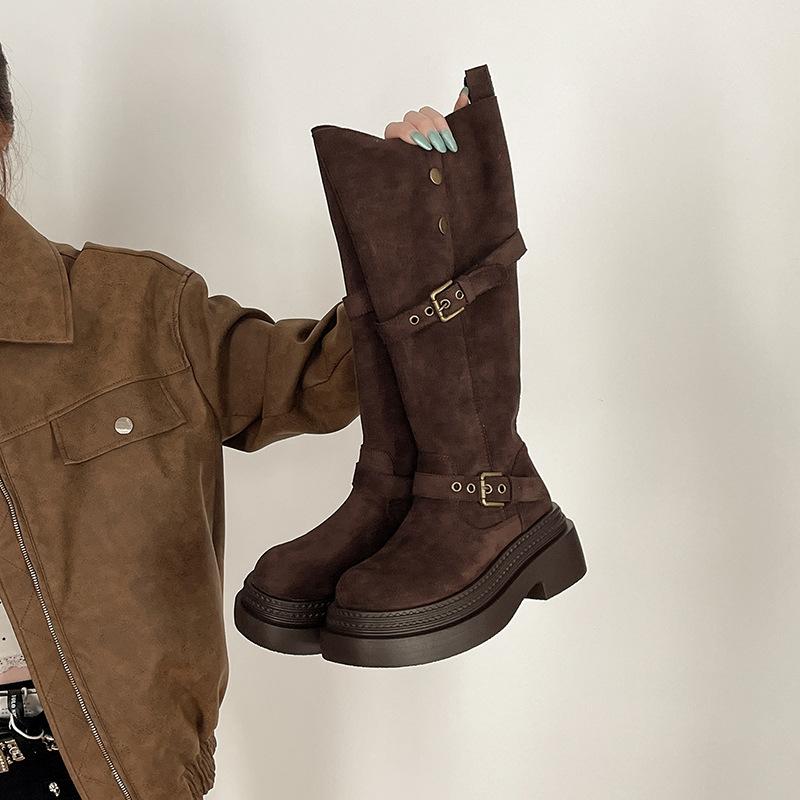 Retro buckle two wear folded thick-soled boots children's autumn and winter design sense fashion suede thick heel knight boots
