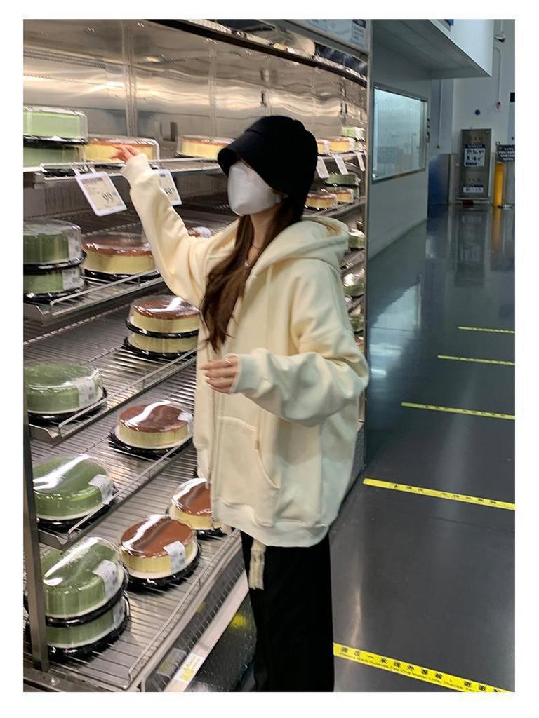 Women's Spring/Autumn Zip-Up Korean Lazy Style Loose Hoodie Solid Color Cardigan Top