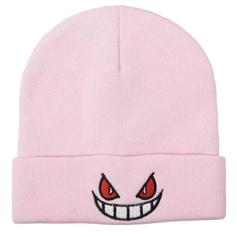 Devil smiley face label wool hat women's autumn and winter warm trend versatile ear protector black knitted hat