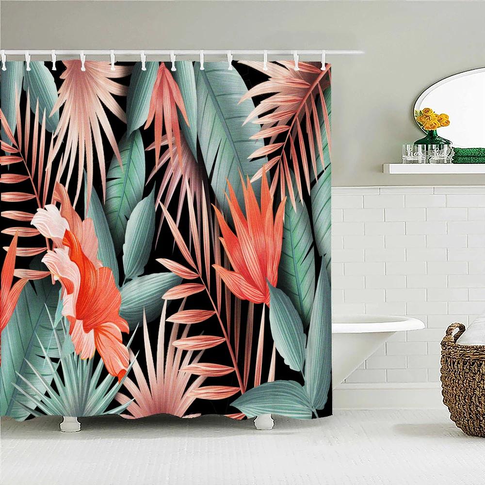 Tropical Plant Leaves Bath Curtain Waterproof Fabric Shower Curtains Colorful Palm Leaf Print Bathtub Screen for Bathroom Decor
