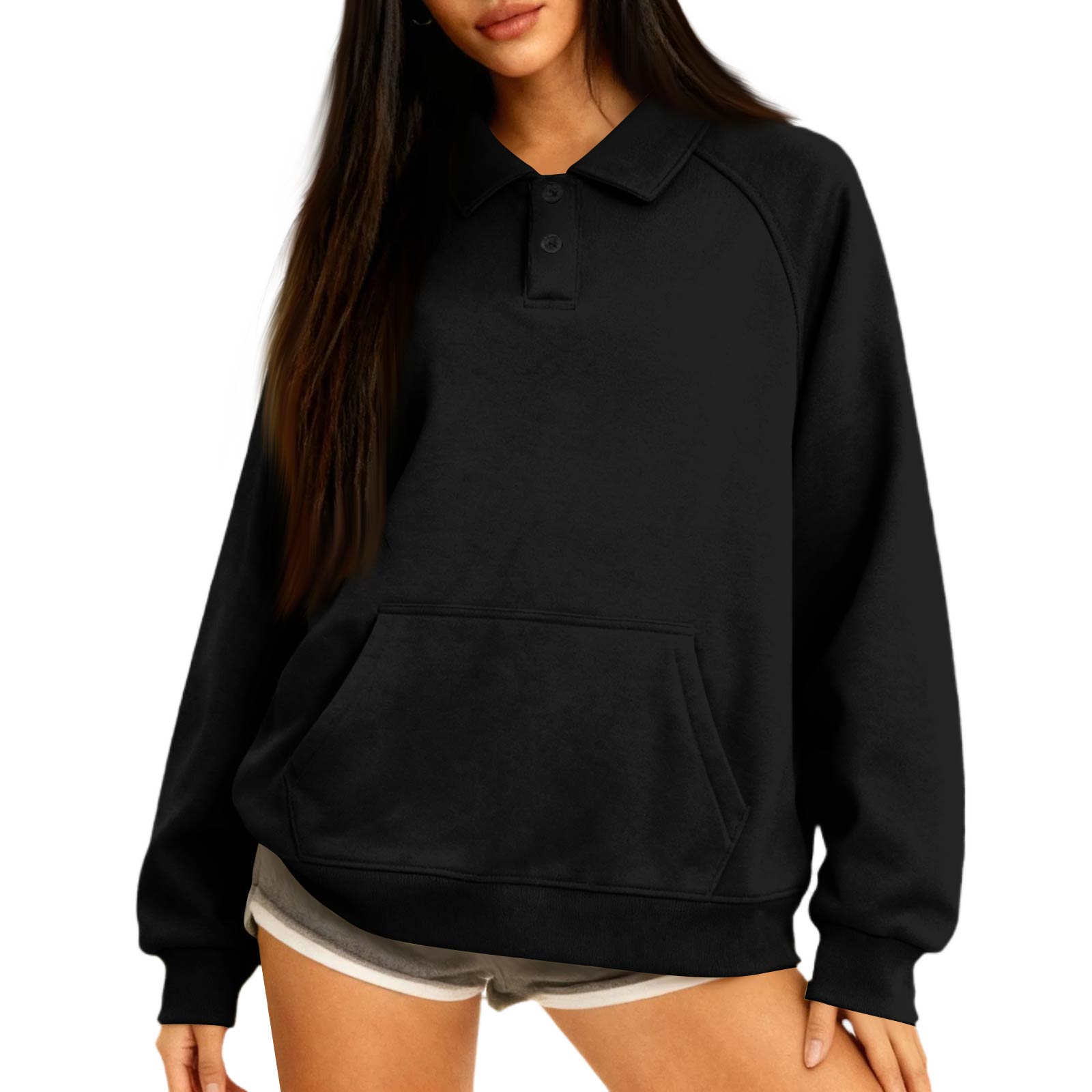 

Women s Button-Up Collar Tops Cotton Women s Casual Fashion Long Sleeve With Pocketed Pullover Top Blouse L чёрный