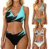Damen High Waist Bikini Set V-Ausschnitt Bedruckt Zweiteiliger Badeanzug Bauchkontrolle Badeanzug Strandmode Bademode