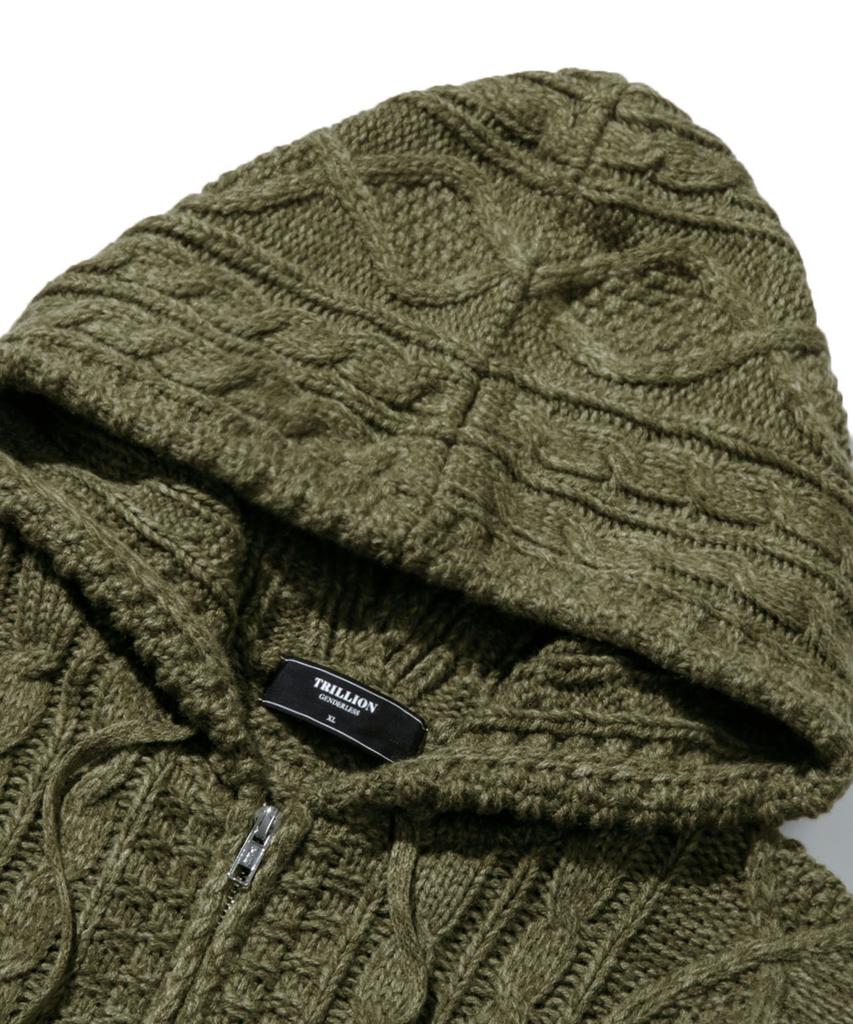 TRILLION Washable Aran Cable Hooded Zip-Up Knit (Khaki)