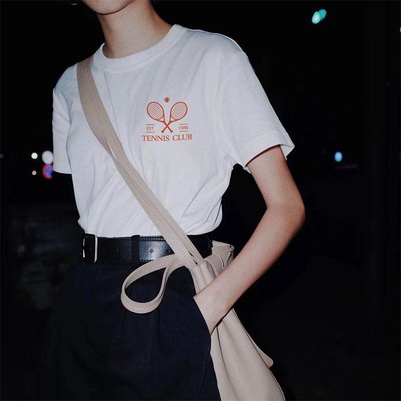 Tennis Club Niche Design Tennis Rackets Print Letter Cotton Basic All-Matching Shoulder Short Sleeve T-shirt for Women