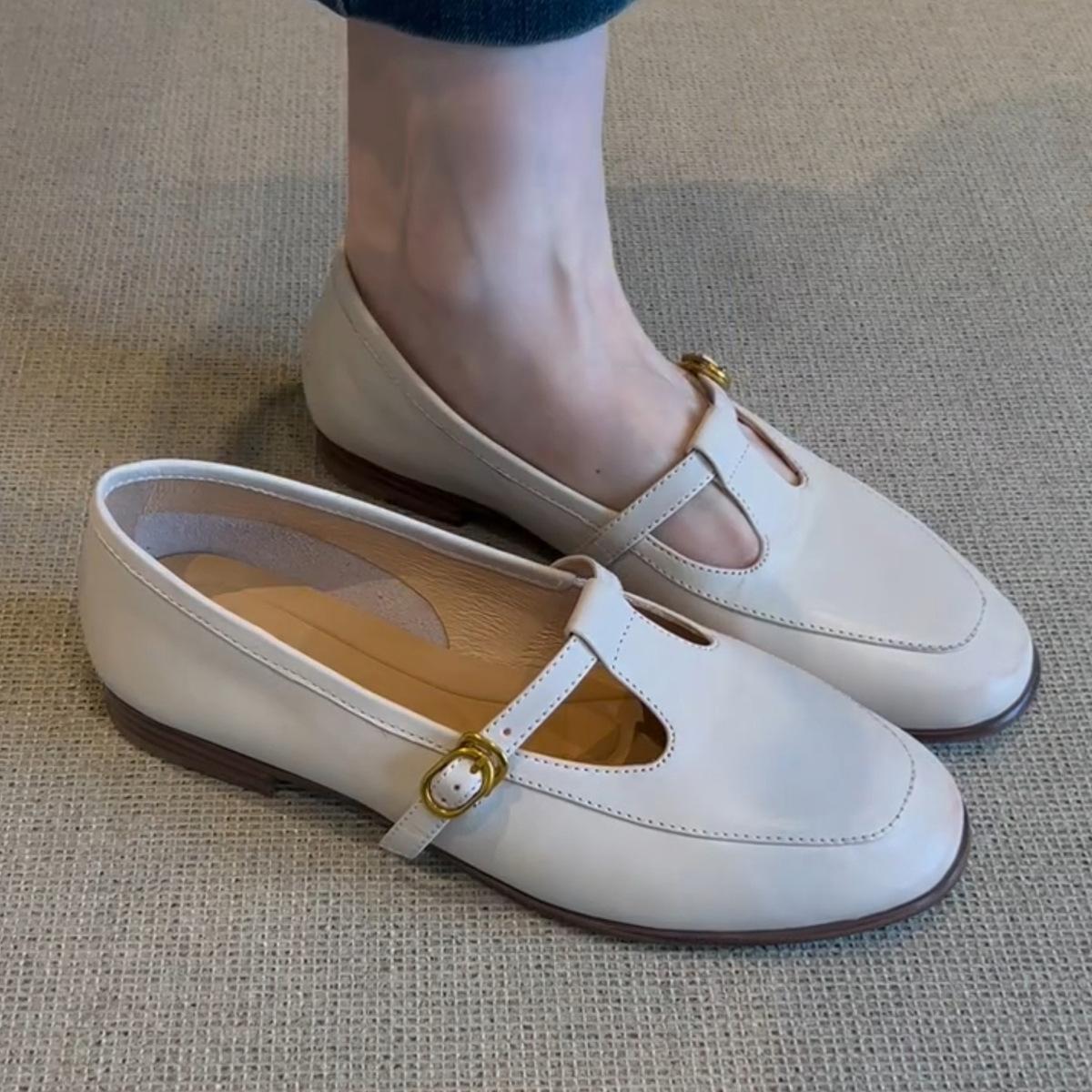 

Sheepskin version versatile white loafers women s Mary Jane shoes British style flat-bottomed one-pedal leather one-word buckle single shoes 35