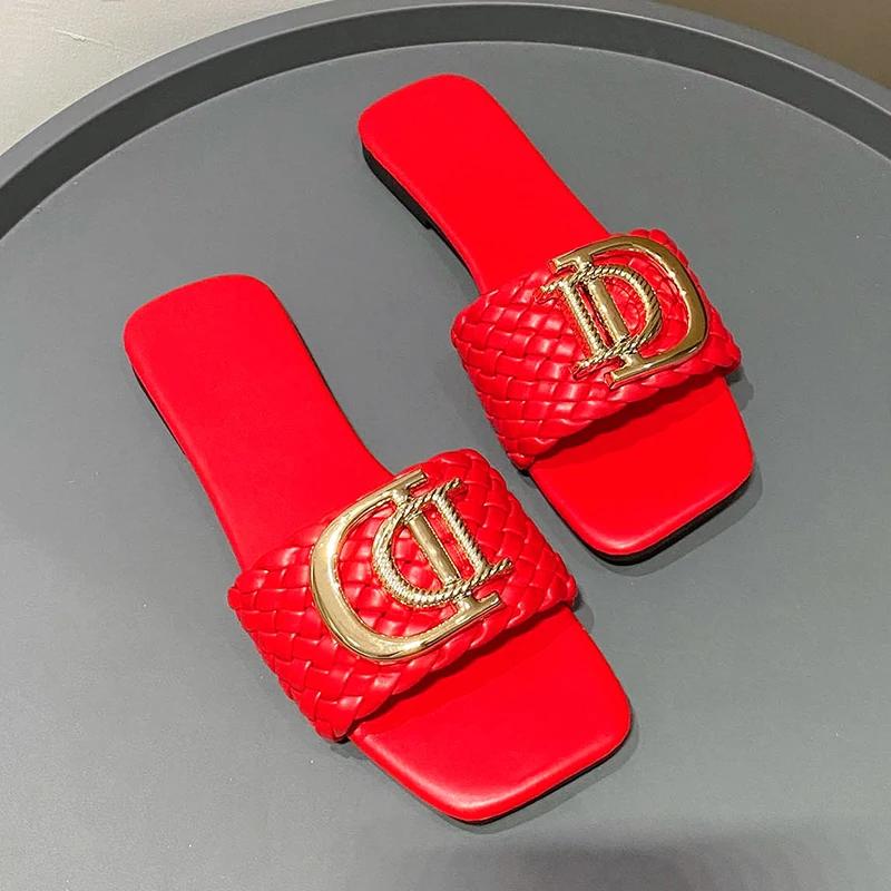Fashion Women Slippers Party Sexy Elegant Slippers Women Luxury Decor Weave Designer Flat Sandals Fashion Open-toe Vacation Slides Women