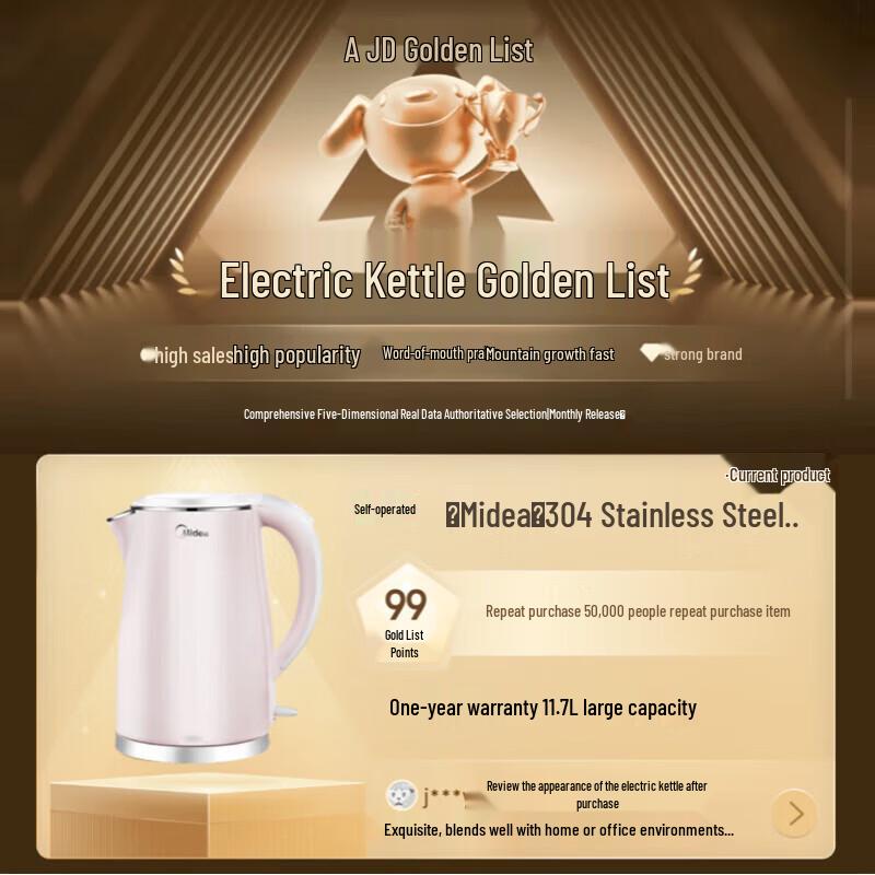 Midea 1.7L Double-Layer Anti-Scald Electric Kettle CN plug (adapter included)