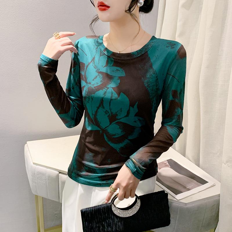 

Повседневная футболка с круглым вырезом и принтом из сетки для женщин на весну, тонкая базовая рубашка с длинными рукавами 4XL