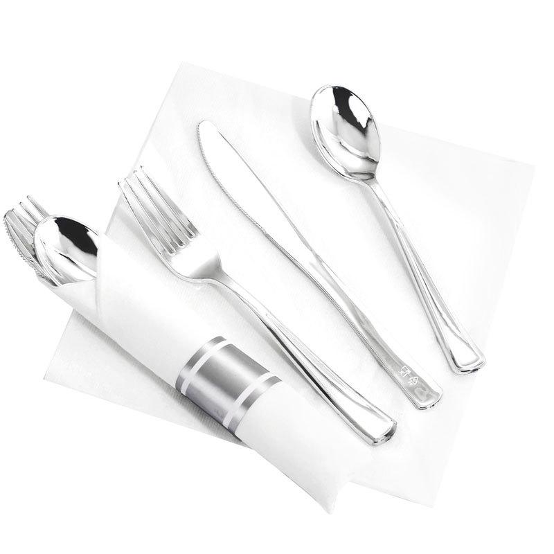 

Золотой одноразовый набор столовых приборов: Пластиковые нож, вилка, ложка и салфетка – Идеально для свадебных вечеринок и кейтеринга серебряный