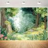 2D Magical Forest Photography Backdrop, Watercolor Green Woodland Background Cloth for Studio & Party Decoration