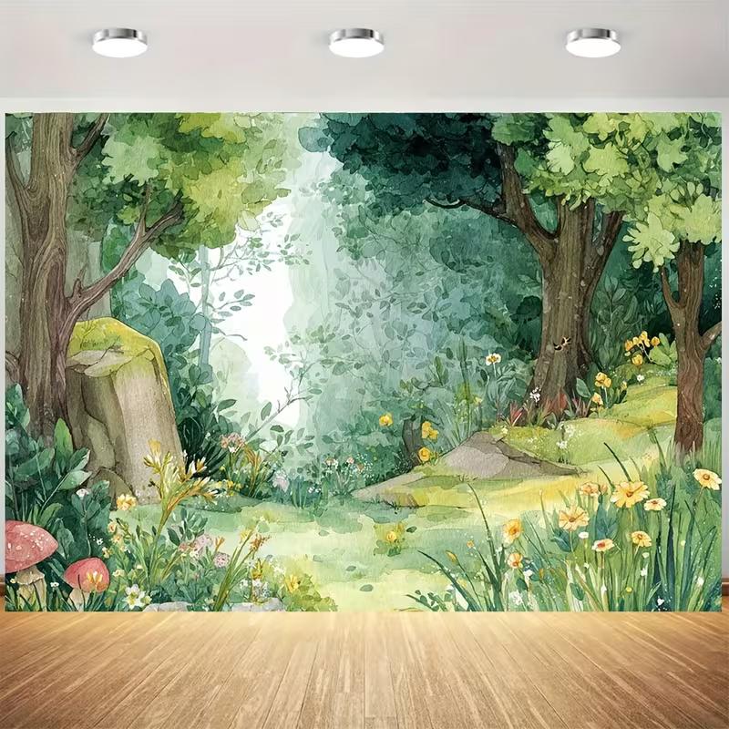 

2D Magical Forest Photography Backdrop, Watercolor Green Woodland Background Cloth for Studio & Party Decoration 47.2x31.5inch/120*80cm