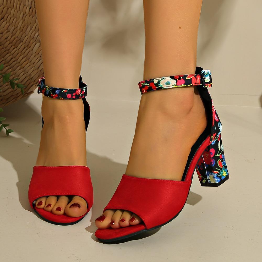 Damen Sommerschuhe 2026 Quadratische Hohe Sandalen Vintage Blumenmuster Offene Zehenpartie Hohe Absätze Damen Lässige Schnalle Knöchelriemen Sandalen