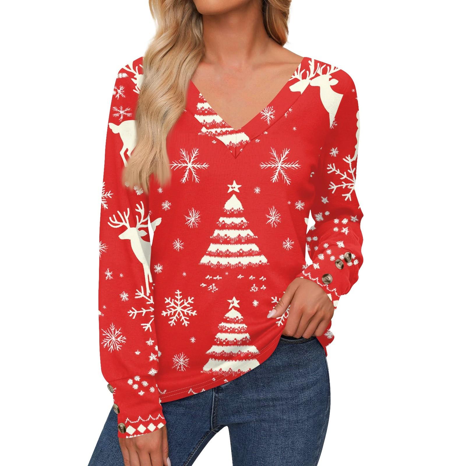 

Women s Casual Fashion Christmas Deer And Christmas Tree Long Sleeve Cuffs Button-Down Shirt V Neck Casual Loose Tee Tops M