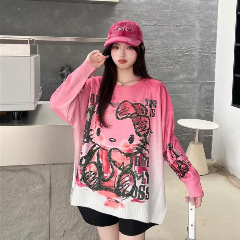 Sweet Cartoon Fun Print Mink Cashmere Knitwear Sweater for Women - Autumn Korean & Lazy Style with Hot Diamond Accents