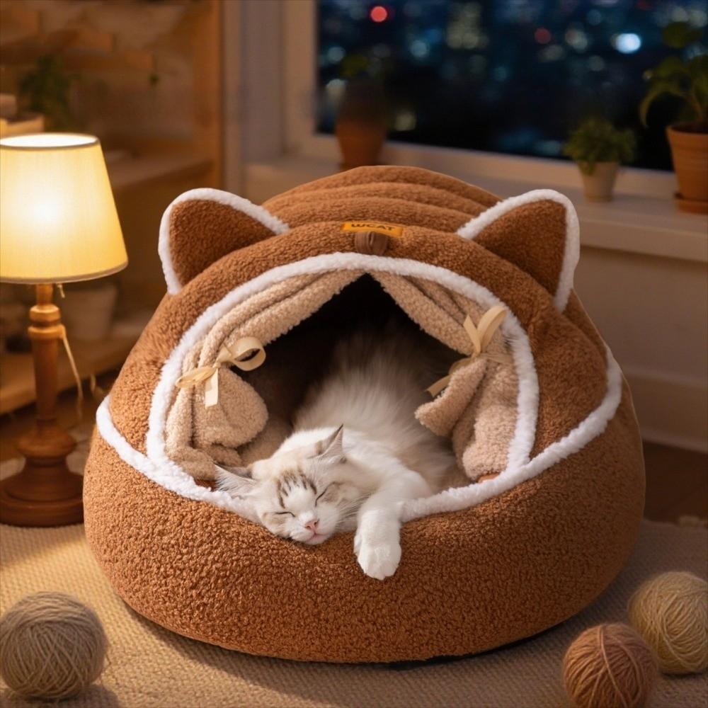 Comfortable Warm Soft Small Pet Bed Portable Cozy Enclosed Cat Bed Mat Deep Sleep Pet Supplies Pet House Kennel Habitats Basket
