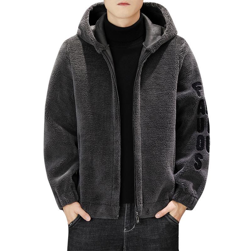 Chaqueta de Lana con Capucha para Hombre de Lana de Cordero con Forro de Forro Polar y Diseño Bordado