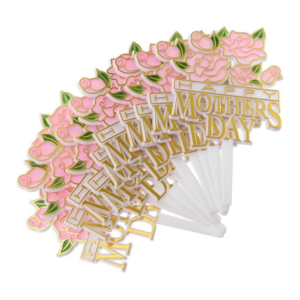 Mother's Day Card Gold Blocking Cake Toppers Decor Insert Rose Picks Dessert Plastic Party Supplies