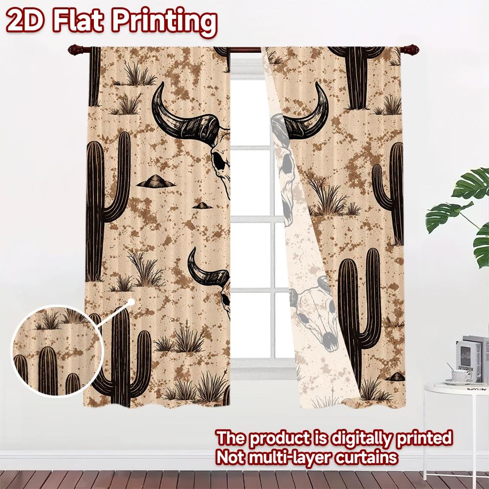 2D FLAT PRINTING 2pcs Curtains (Without Rod) Cactus and Skull Desert Light Filtering Popular Curtains Machine Washable Fabric