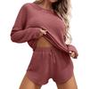 Damen Waffelstrick Pyjama Set Lässiges Langarm Oberteil und Shorts Nachtwäsche 2-teiliges Pjs Lounge Set mit Taschen