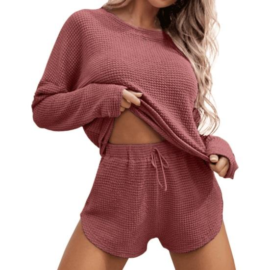 Damen Waffelstrick Pyjama Set Lässiges Langarm Oberteil und Shorts Nachtwäsche 2-teiliges Pjs Lounge Set mit Taschen