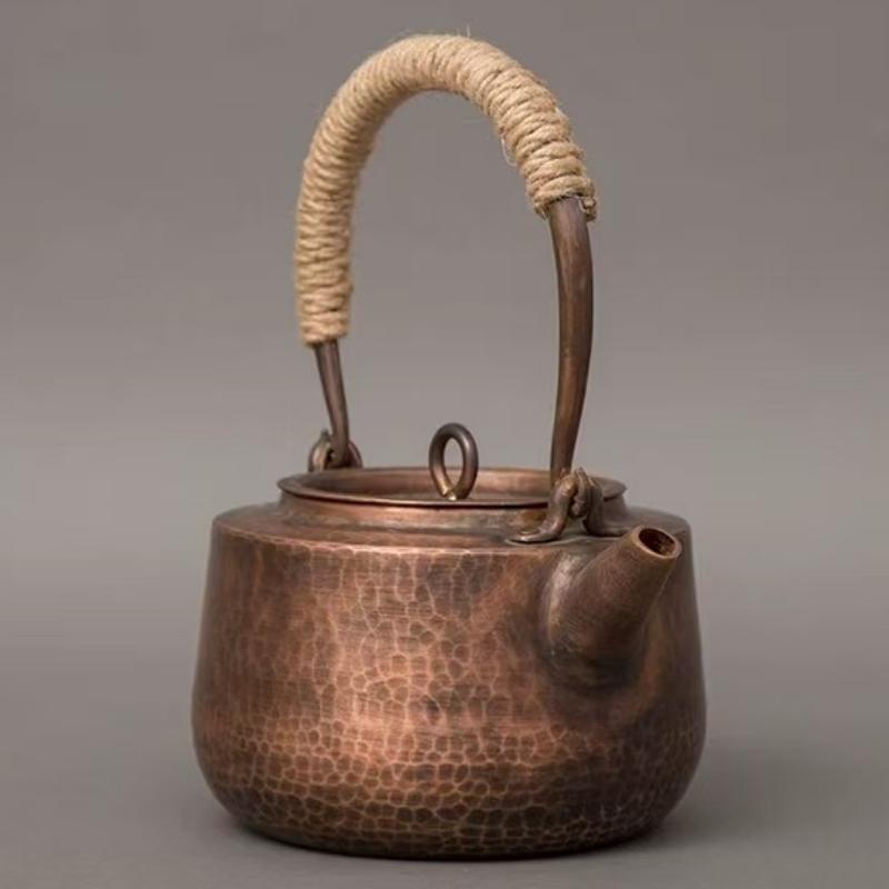 Vintage Copper Boil Water Kettle,Handcrafted Hammer Texture Weave With lid Handheld1.5 L Coffee Pot,Heat Resistant Filter Teapot