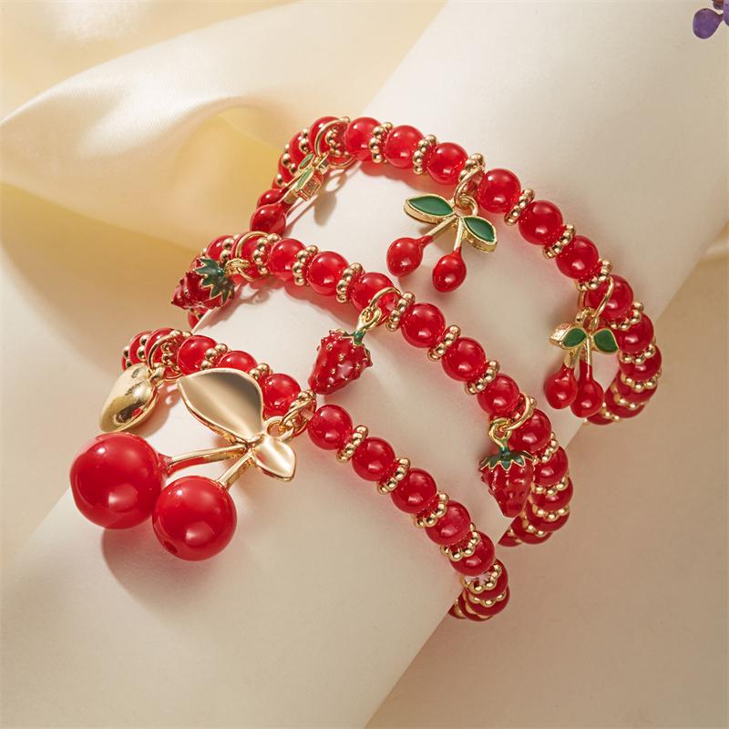 Fashion Cherry Shape Heart Pendant Bracelets Set for Women Handmade Red Beads Strawberry Stacking Bracelets Party Jewelry Gift