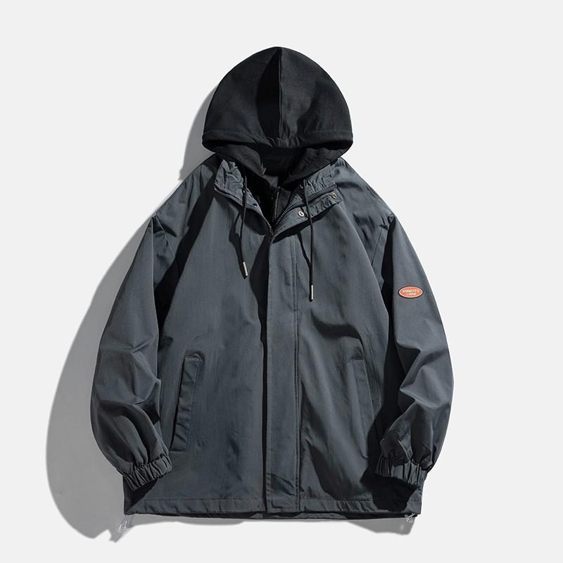Mens Hooded Windbreaker Jacket Casual Streetwear Loose Fit Layered Look